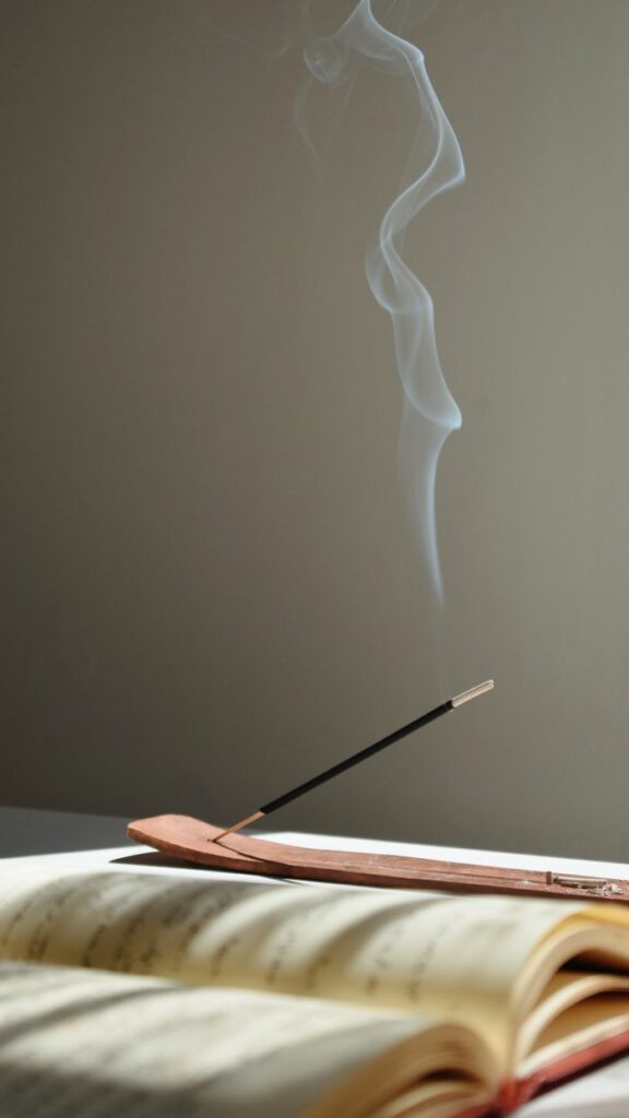 Gentle smoke rises from incense on a book, creating a calm meditation atmosphere.